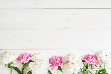 ambalaj şablonu, ahşap beyaz arka plan üzerinde şakayık düzeni