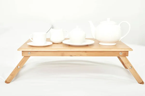 Frukost Rummet Bordet Vit Säng — Stockfoto