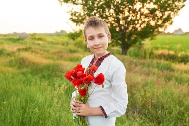 gün batımında yaz aylarında haşhaş alanında haşhaş ile işlemeli çocuk
