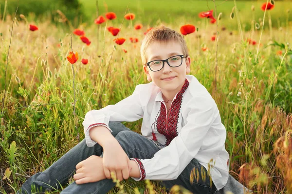 Niño Bordado Con Amapolas Campo Amapola Verano Atardecer — Foto de Stock