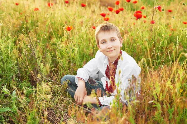 Niño Bordado Con Amapolas Campo Amapola Verano Atardecer — Foto de Stock