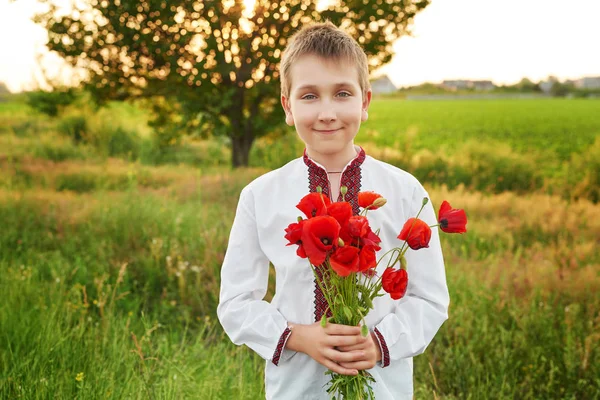 Niño Bordado Con Amapolas Campo Amapola Verano Atardecer — Foto de Stock