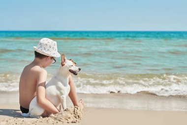 sahilde köpek Jack Russel ile çocuk