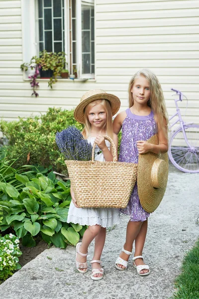 Dwie Dziewczynki Kapelusze Koszem Lawendy Ogrodzie Letnim — Zdjęcie stockowe
