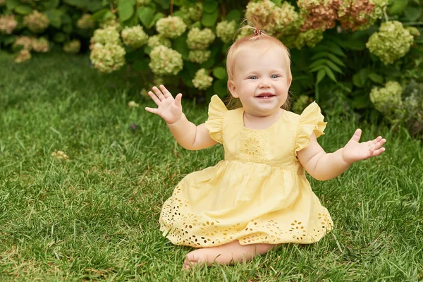 Día Los Niños Niña Sobre Hierba Verde Verano —  Fotos de Stock