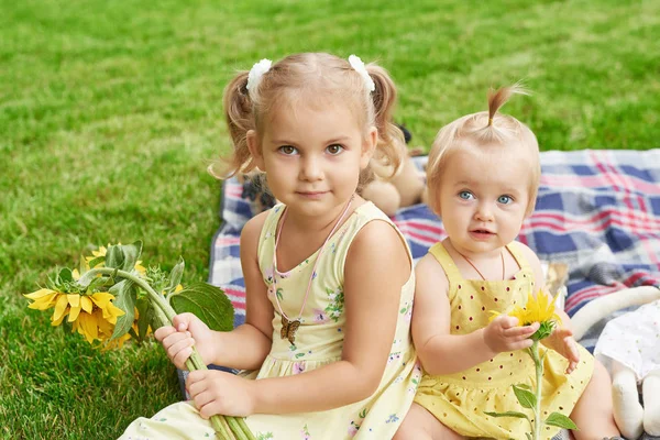 夏の公園の子供の女の子 ピクニックにヒマワリを持つ姉妹 — ストック写真