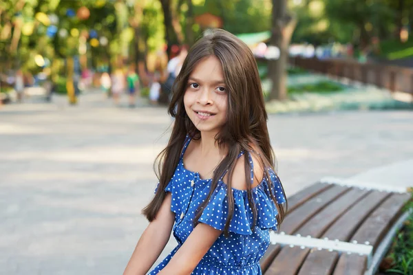 Teenager Girl Blue Dress Walks Summer Park Sunset — Stock Photo, Image