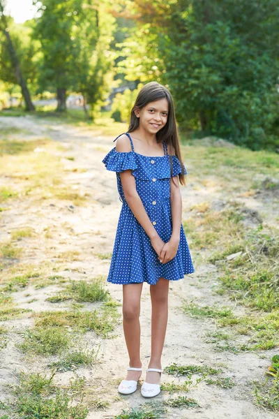 Дівчина Підліток Блакитній Сукні Гуляє Літньому Лісі Заході Сонця — стокове фото