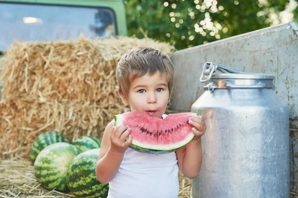 Child Boy Watermelon Sits Pickup Truck Harvest — Stock Photo, Image