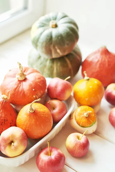 Calabazas Con Manzanas Sobre Fondo Madera Blanca Para Acción Gracias — Foto de Stock