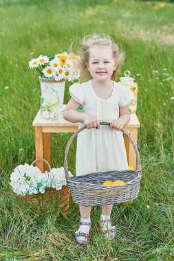 Limonatalı kız çocuğu. Limonata ve papatya çiçekleri masada. Sıcak bir sabah. Bahar ve yaz sezonu kartı. Sağlıklı yiyecek ve içecek. Yaz tatili. Açık hava pikniği. Anneler günü kartı.