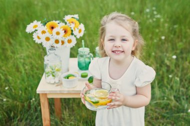 Limonatalı kız çocuğu. Limonata ve papatya çiçekleri masada. Sıcak bir sabah. Bahar ve yaz sezonu kartı. Sağlıklı yiyecek ve içecek. Yaz tatili. Açık hava pikniği. Anneler günü kartı.