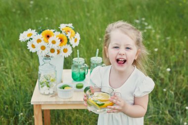 Limonatalı kız çocuğu. Limonata ve papatya çiçekleri masada. Sıcak bir sabah. Bahar ve yaz sezonu kartı. Sağlıklı yiyecek ve içecek. Yaz tatili. Açık hava pikniği. Anneler günü kartı.
