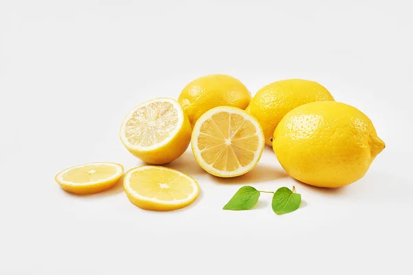 Fondo Limones Grupo Limones Con Hojas Sobre Fondo Blanco Cítricos — Foto de Stock