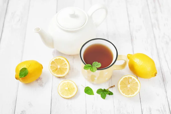 Teát Citrommal Egy Csésze Teát Kellemes Reggel Egészséges Reggeli Reggelt — Stock Fotó