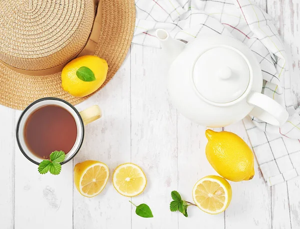 Tea with lemon. Cup of tea. Cozy morning. Healthy breakfast. Good morning. Health prevention. Vitamins. Citruses colds, copy space. Aromatherapy. Food mood. Food and drink, still life health care