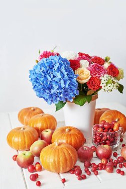 Sonbahar hasat balkabağı arka planı. Balkabakları, elmalar ve çiçekler masada. Şükran Günü masası. Uzayı kopyala Cadılar Bayramı ya da mevsimsel sonbahar. Tasarım modeli. Tebrik kartı. Sonbahar mutfağı