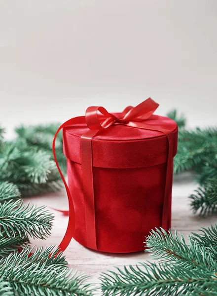 Joyeux Noël Boîte Cadeau Carte Voeux Cadeaux Branches Sapin Sur — Photo