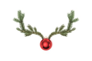 Köknar şube ve beyaz zemin üzerine kırmızı Noel top geyik kafası yaptım