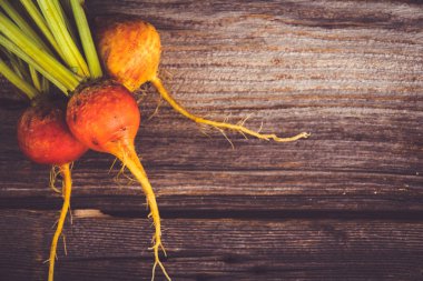 Altın Pancar taze rustik ahşap arka plan üzerinde ham hasat