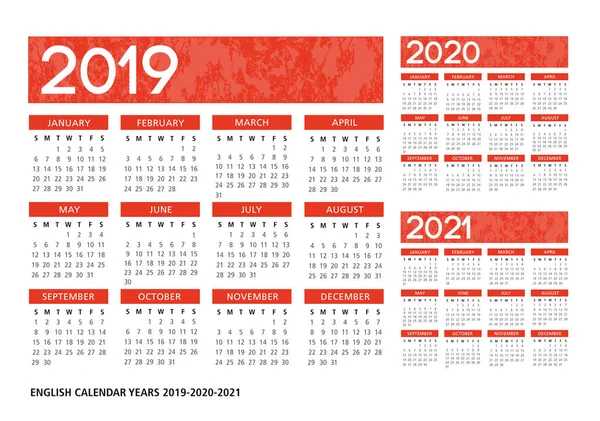 Inglés Textured Calendar 2019 2020 2021 Vector Template Text Outline — Vector de stock