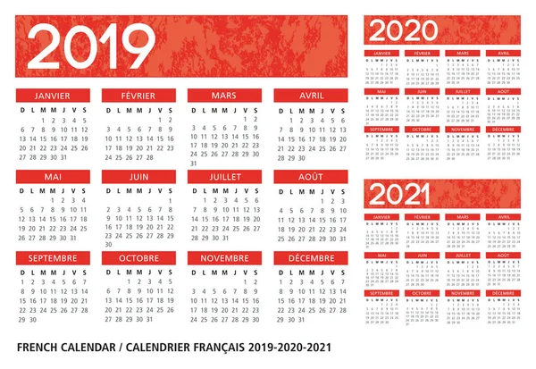 Francés Naranja Texturizado Calendario 2019 2020 2021 Vector Plantilla Texto — Vector de stock