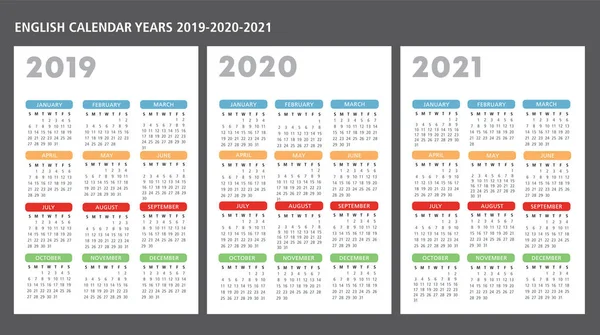 Anglický Kalendář 2019 2020 2021 Vector Šablony Text Osnovy — Stockový vektor