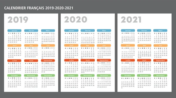 Francouzský Kalendář 2019 2020 2021 Vector Šablony Text Osnovy — Stockový vektor