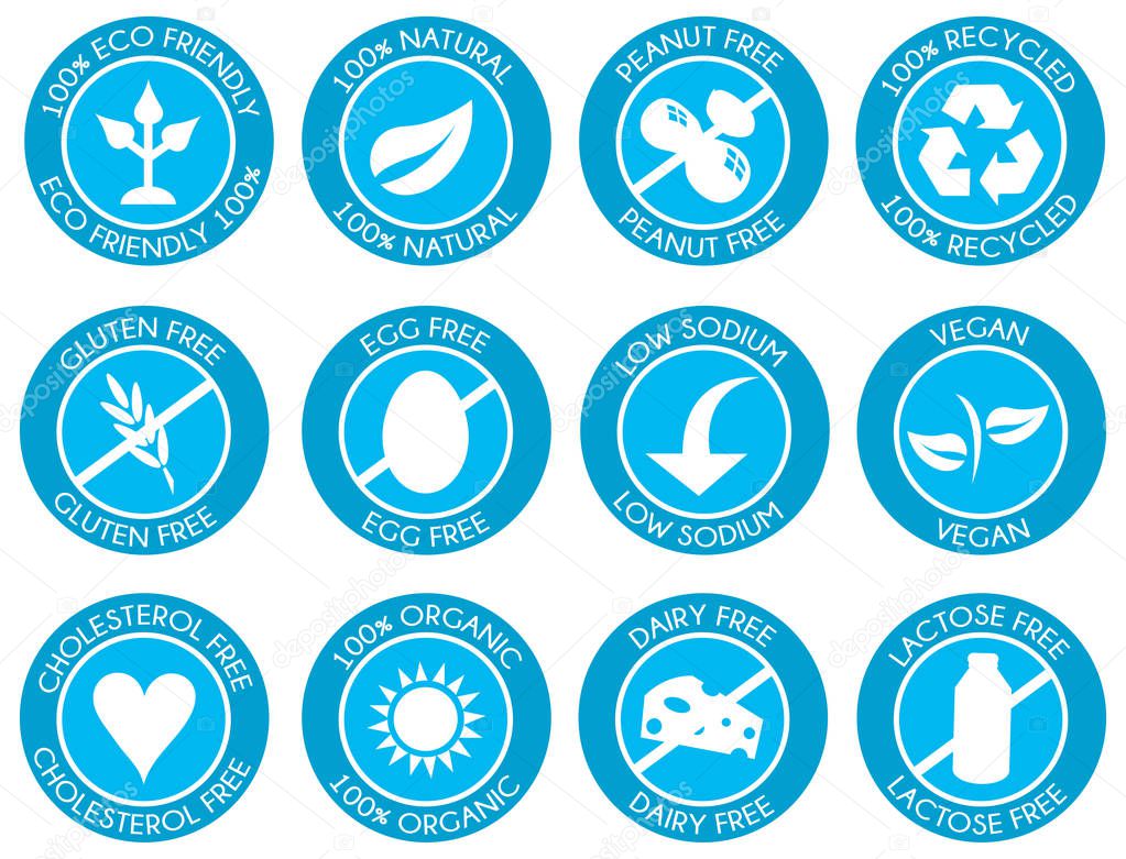 Nutrition blue label icon set vector