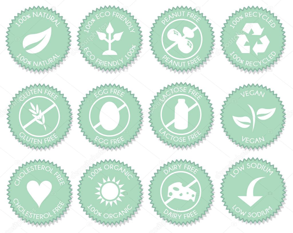 Pink Nutrition blue label icon set vector