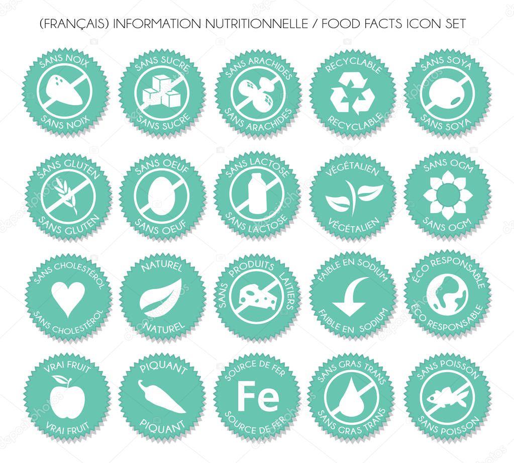 French turquoise Nutrition food facts badge label icon set vector