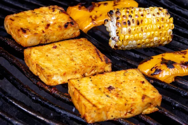 Deliciosos bbq tofu fatias e legumes na churrasqueira — Fotografia de Stock