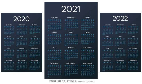 Calendario inglés 2010-2021-2022 vector template — Vector de stock