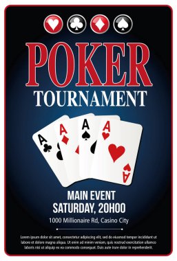 Kumarhane Poker Turnuvası poster arka plan mavi şablon tasarımı katman ve metin ana hatlarıyla 