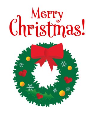 Çizgi film Noel çelengi illüstrasyon vektörüyle Mutlu Noeller başlığı