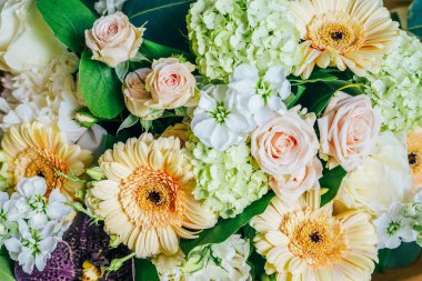 Pembe güller ve Gerbera papatya çiçekler buket düğün