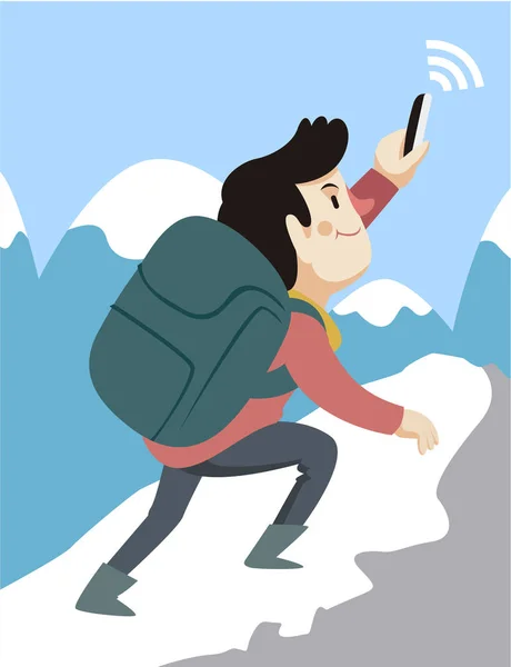 Vector Illustration Cartoon Man Hiking Mountain Seeking Signal His Phone Stock Illustration