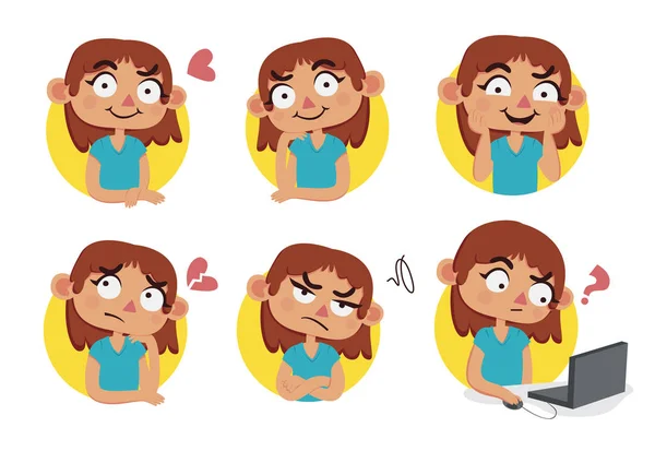 Vector Set Illustrations Energetic Cartoon Girl Many Poses — Stock Vector