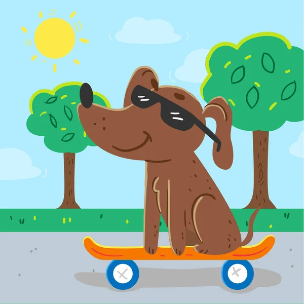 Cooler brauner Hund, der im Sommer Skateboard fährt — Stockvektor