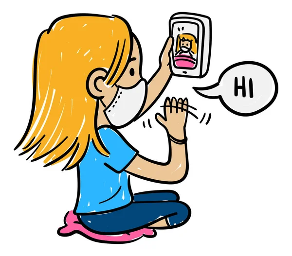 Vektorová Ilustrace Kreslené Dívky Sedící Držící Telefon Mávající Matce Oba — Stockový vektor