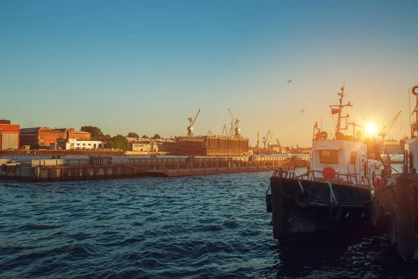 Hermoso Atardecer Grúas Portuarias Visibles Barcos Puerto Sobre Río Neva — Foto de Stock