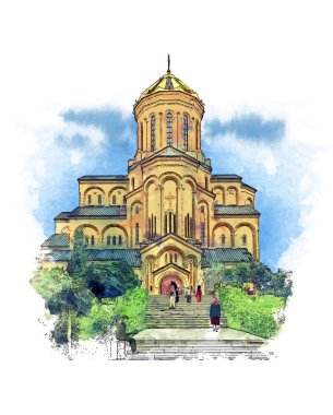 Holy Trinity Katedrali, Tbilisi. Ana Katedrali Gürcü Ortodoks Kilisesi. Vektör suluboya kroki