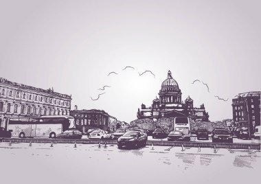 Tarihi merkezi, St. Petersburg. Rusya. Isaakievsky Katedrali. Vektör çizimi.