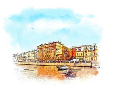 Saint-Petersburg. Yeni Hollanda Adası. St. Petersburg Panoraması. tarihi mimarisi. Rusya. Suluboya kroki.