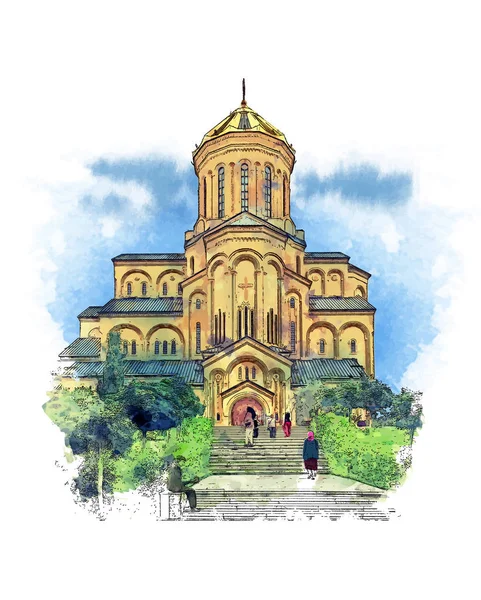 Catedral Santísima Trinidad Tiflis Catedral Principal Iglesia Ortodoxa Georgiana Vector — Vector de stock