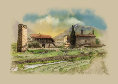 Old Georgian settlement of winemakers in a picturesque place of Kakheti, Georgia. Watercolor sketch clipart
