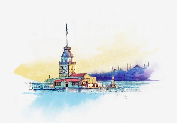 Maiden Tower Gryningen Istanbul Turkey Akvarell Skiss — Stockfoto