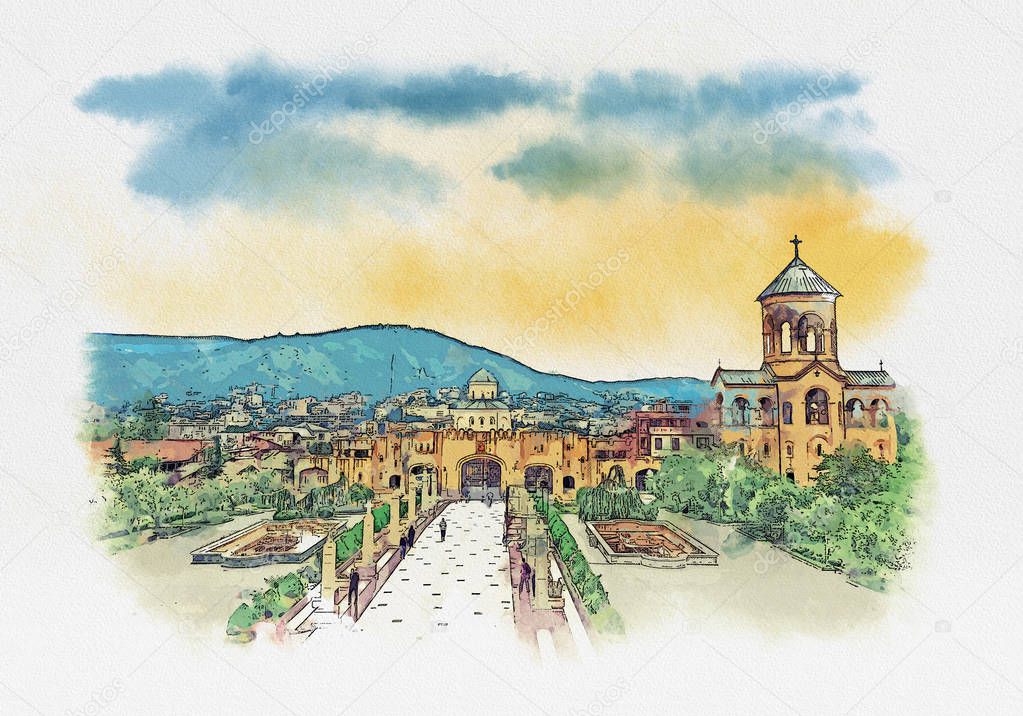 Holy Trinity Cathedral, Tbilisi. The main Cathedral of the Georgian Orthodox Church. Watercolor sketch