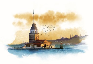 Istanbul, Türkiye'de ilk kule şafakta. Suluboya kroki