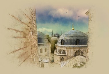 Sabah erkenden, Istanbul, Türkiye. Ayasofya Müzesi. Suluboya kroki